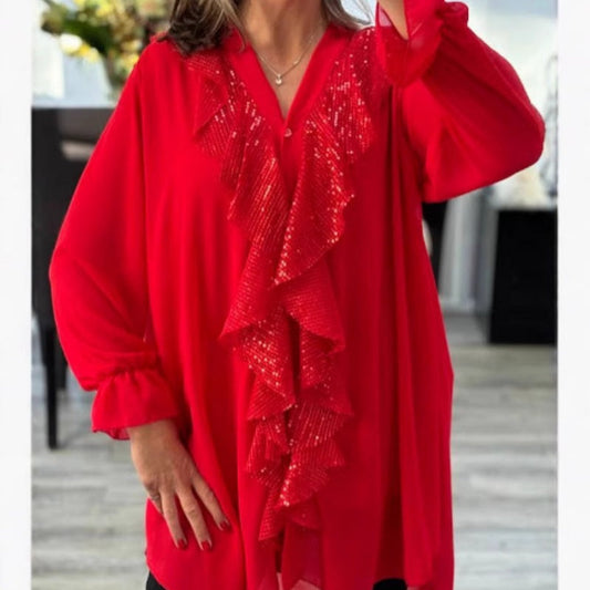 🎁Hot Sale 55% OFF✨Women's V-Neck Chiffon Sequin Long Sleeve Shirt